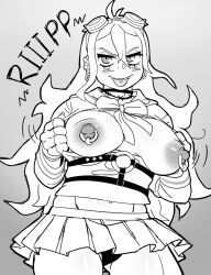 1girls areolae big_breasts big_nipples blush breasts breasts_out choker danganronpa danganronpa_v3 earrings english_text eyelashes female female_only galsteaks goggles hair_between_eyes iruma_miu long_hair nipple_piercing nipples panties piercing ripped_clothing sharp_teeth short_skirt skirt solo straight_hair text tongue tongue_out tongue_piercing upskirt