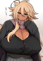 1girls 2021 blonde_hair bottomwear breasts brown_skin button_gap cleavage clothed clothing dark-skinned_female dark_skin female fully_clothed gigantic_breasts gyaru huge_breasts japanese_text kuro_gyaru kurokagami_ryuuko long_hair oc original original_character otogi_tetsurou scarf solo solo_focus sweater text top_heavy topwear very_long_hair white_background