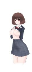 :p brown_hair flashing medium_hair pink_eyes school_uniform starvtuber tagme virtual_youtuber