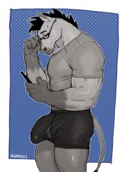 anthro big_bulge black_hair blue_background border bulge cellphone clothed clothing detailed_bulge digital_drawing_(artwork) digital_media_(artwork) equid equine erection erection_pushing_underwear erection_under_clothing eyewear fur genital_outline glasses gradient_background grey_body hair hi_res horse male male_only mammal muscular muscular_anthro muscular_male nomifuki penis_outline phone shirt side_view signature simple_background smartphone solo standing t-shirt tight_clothing topwear underwear vein white_border