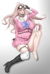 1girls ahoge barbed_wire blonde_hair blue_eyes blush breasts choker danganronpa danganronpa_v3 drool feet female female_focus female_only fingerless_gloves gloves goggles hair_between_eyes huge_breasts iruma_miu lactation lactation_through_clothes large_breasts long_hair milk new_danganronpa_v3 no_bra pregnant simple_background uisorasakuta