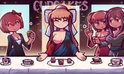 4girls absurd_res areolae breasts cake closed_eyes cupcake doki_doki_literature_club female female_only fine_art_parody hair_ribbon happy high_resolution long_hair monika_(doki_doki_literature_club) multiple_girls natsuki_(doki_doki_literature_club) nipples one_breast_out pink_eyes pink_hair public_domain purple_eyes purple_hair sayori_(doki_doki_literature_club) short_hair standing the_last_supper tony_welt twintails uncensored yuri_(doki_doki_literature_club)