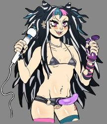 1girls black_nails blush clitoris danganronpa danganronpa_2:_goodbye_despair eyebrow_piercing female female_only galsteaks light_skin lube makeup mioda_ibuki multicolored_hair nail_polish navel navel_piercing necklace nose_ring piercing pink_eyes pubic_hair pussy septum_piercing sex_toy small_breasts smooth_skin solo strap-on thighhighs tongue_piercing vibrator