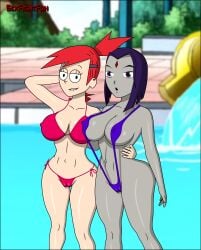 2girls bikini cameltoe crossover dc dc_comics erect_nipples forehead_jewel foster's_home_for_imaginary_friends frankie_foster goth goth_girl gothic lesbian multiple_girls pink_bikini purple_hair rachel_roth raven_(dc) red_hair sexfightfun sling_bikini sling_swimsuit smiley_face smooth_skin swimming swimming_pool swimsuit teen_titans violet_bikini violet_swimsuit yuri