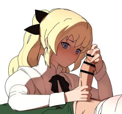 1boy blonde_hair blue_eyes blush bow censored een033 female handjob highres katawa_shoujo long_hair penis ponytail ribbon satou_lilly school_uniform smile solo_focus straight yamaku_high_school_uniform