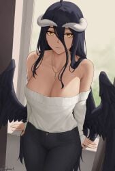 1girls 2022 albedo_(overlord) artist_signature black_hair black_wings breasts casual_clothes cleavage clothed clothed_female demon demon_girl demon_horns feathered_wings female female_only hi_res hips horns huge_breasts indoors jeans light_blush long_hair looking_at_viewer overlord_(maruyama) slim_waist succubus succubus_horns succubus_wings thick_thighs thighs wide_hips wings yellow_eyes zaphn