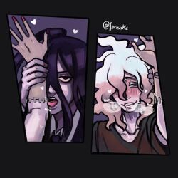 2boys 2koma aroused bedroom_eyes black_hair blush danganronpa danganronpa_ultra_despair_girls drooling english_text fuckysaki gay grey_eyes hair_between_eyes half-closed_eyes heart izuru_kamukura licking light_skin looking_at_viewer male male/male male_only nagito_komaeda onomatopoeia painted_nails panting red_eyes saliva saliva_drip saliva_trail servant_(danganronpa) straight_hair suggestive suggestive_gesture sweat text tongue tongue_out visible_breath white_hair yaoi