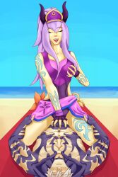 1boy 1girls beach breast_grab cowgirl_position happy_sex league_of_legends noslenavan_(artist) pool_party_series pool_party_syndra riding straight syndra zed