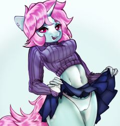 anthro bottomwear clothing ear_piercing equid equine female hair hasbro hi_res holding_bottomwear holding_clothing holding_object holding_skirt horn horse mammal my_little_pony panties piercing pink_eyes pink_hair pony skirt solo sunnybakedham sunnyhoneybone sweater topwear translucent underwear unicorn upskirt