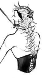 blindfold choker collar corset demon_slayer douma kimetsu_no_yaiba leash leash_and_collar leash_pull long_hair long_hair_male male male_only masochist monochrome smile solo spiky_hair upper_body