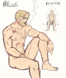 1boy attack_on_titan blonde_hair blue_eyes bruise completely_nude convenient_censoring fuckysaki hairy light_skin looking_at_viewer male male_only nude shingeki_no_kyojin sitting smoking solo wounded zeke_jaeger