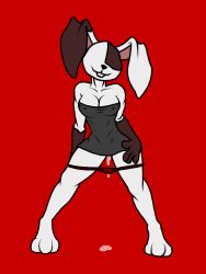 4n0nym0u5 big_breasts black_dress bodily_fluids bodily_fluids_from_pussy breasts bunnygirl clothed excited excited_for_sex female female_only five_nights_at_freddy's five_nights_at_freddy's:_security_breach furry furry_only hand_behind_ass hand_on_leg hand_on_thigh horny horny_female partially_clothed pussy_juice pussy_juice_drip pussy_juice_dripping rabbit red_background red_panties simple_background smile smiling smiling_at_viewer thick_thighs vanny_(fnaf) wet wet_pussy white_body white_fur white_skin