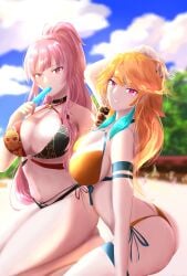 ass beach big_breasts bikini ellier23 golden_bikini hololive hololive_english hololive_myth mori_calliope popsicle takamori_(hololive) takanashi_kiara virtual_youtuber