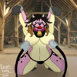 anthro ball_gag barn bodily_fluids bondage bondage bound bovid bovine breast_milking cattle collar cowbell fan_character female gag gagged lactating machine mammal milking_machine millie_(rhode_arts) miltank nintendo pokémon_(species) pokemon rhode_arts slave solo taur video_games