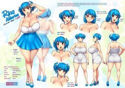 1girls ass_in_dress back_view bangs bare_shoulders blue_footwear blue_hair blue_high_heels blue_shoes blunt_bangs breasts bursting_breasts character_name character_profile character_sheet cleavage collarbone covering_breasts dress errorkazoo eyewear female front_and_back front_view full_body hair_ornament hair_scrunchie hairband hi_res high_heeled_shoes high_heels high_resolution highres huge_breasts massive_breasts microdress minidress multiple_views original original_character pout pouting_at_viewer rina_atherina rina_atherina_(errorkazoo) strapless_dress updated_art v_sign voluptuous white_dress white_minidress white_scrunchie