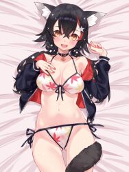 animal_ear_fluff animal_ears animated bangs bed_sheet bikini black_hair black_jacket breasts collarbone crossed_bangs female gluteal_fold hair_between_eyes hair_ornament hololive hololive_gamers hololive_japan jacket long_hair long_sleeves looking_at_viewer lying medium_breasts multicolored_hair navel on_back ookami_mio open_clothes open_jacket open_mouth red_hair side-tie_bikini smile solo star_(symbol) star_hair_ornament streaked_hair swimsuit tail thighs virtual_youtuber waterring white_bikini wolf_ears wolf_girl wolf_tail yellow_eyes