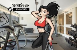 black_legwear euphoria-xox gym gym_clothes gym_clothing gym_uniform jogging_pants leggings looking_at_viewer momo_yaoyorozu my_hero_academia ponytail red_bra smile sports_bra sportswear student