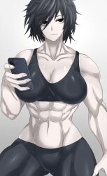 1girls abs black_hair breasts holding_phone light-skinned_female muscular_female original short_hair uninterested workout_clothes zokusuke