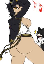 artist_signature ass blake_belladonna kali_belladonna looking_back mother_and_daughter mystral_outfit nipples rooster_teeth rwby shocked shocked_expression smiling suicidetoto white_background white_eyes