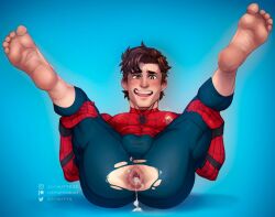 after_anal artist_name barefoot big_ass blush brown_eyes brown_hair character_name cum cum_in_ass digital_media_(artwork) disney gaping_anus gay hands_on_thighs male male_only marvel marvel_cinematic_universe pecs peter_parker ripped_clothing smooth_skin soynutts spider-man spider-man_(series) spider-man_(tom_holland) spread_legs superheroine sweat swollen_anus tight_clothing tom_holland