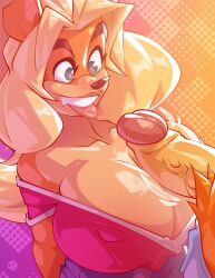 <3_eyes 2022 activision anthro bandicoot big_breasts big_penis blonde_hair breasts brown_eyebrows clothing crash_(series) crash_bandicoot_(series) doppledadko duo eyebrows female genitals green_eyes hair heart hi_res huge_breasts male mammal marsupial penis shirt tawna_bandicoot teeth tongue topwear video_games