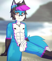 abs absurd_res anthro athletic balls beach black_body black_fur black_hair black_nipples black_penis blaki_daniel_raiper_virod_(blaki_raiper) blaki_raiper blue_body blue_fur blush canid canine collar colored detailed digital_media_(artwork) foreskin fox fur genitals hair hi_res looking_at_viewer male male_only mammal navel nipples nude penis pink_body pink_fur pink_hair pubes sand sea seaside sitting smile smirk solo venezuela water