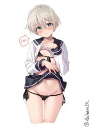 bikini bikini_under_clothes black_bikini black_sailor_collar black_skirt blonde_hair blue_eyes breasts clothes_lift cropped_legs ebifurya female hair_between_eyes head_tilt highres kantai_collection lifted_by_self long_sleeves looking_at_viewer navel parted_lips sailor_collar shirt shirt_lift short_hair side-tie_bikini skirt skirt_lift small_breasts solo string_bikini swimsuit swimsuit_under_clothes twitter_username very_short_hair white_background white_shirt z1_leberecht_maass_(kantai_collection)