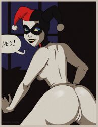 1girls ambyva ass batman:_the_animated_series batman_(series) big_ass big_butt blue_eyes butt dc dc_comics female female_only harley_quinn harley_quinn_(classic) nude pale-skinned_female pale_skin pussy rear_view red_lips red_lipstick solo speech_bubble thick_ass thick_thighs vagina