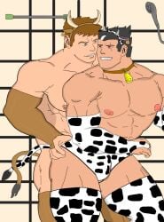 2boys bara big_chest black_hair black_hair_bottom blue_eyes brown_hair brown_hair_on_black_hair brown_hair_top bulge_through_clothing costume cow_bell cow_costume darius_(league_of_legends) domination from_behind garen_crownguard gay gay_sex hand_on_hip happy happy_sex head_ornament horn imminent_sex large_pectorals league_of_legends light_hair_on_dark_hair looking_at_another love male_focus male_nipples males_only muscular muscular_male nipples passionate pectorals red_eyes scar_across_eye shower strong tail thick_arms thick_legs zzzone