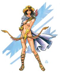 arrow_(projectile) bow_(weapon) bow_and_arrow breasts brown_hair cape elbow_gloves female gladiator_sandals gloves hat holding_bow holding_bow_(weapon) holding_weapon looking_at_viewer medium_hair minimalist_background naked_cape naked_footwear naked_gloves naked_hat naked_with_shoes_on necrovert/ahunter/zarathul nipples nude_cape open_toe_shoes original quiver sandals solo standing yellow_footwear yellow_gloves yellow_hat