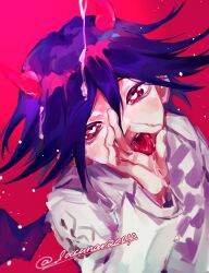 1boy clothing cum cum_drip cum_on_hair danganronpa danganronpa_v3 demon demon_boy demon_horns demon_wings drooling femboy hair_between_eyes heart-shaped_pupils incubus lacunar2004 looking_at_viewer male male_only ouma_kokichi pale_skin pink_eyes purple_hair saliva saliva_drip saliva_trail solo straight_hair suggestive suggestive_gesture tongue tongue_out