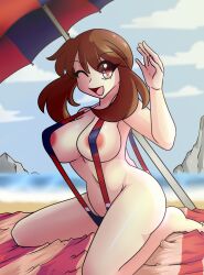 beach beach_towel beach_umbrella blue_art10 brown_eyes brown_hair cloud human_only may_(pokemon) nipples parasol partially_visible_nipples pokemon pokemon_rse seaside sling_bikini solo