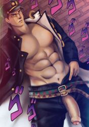 1boy abs bara belly_button black_hair exposed_pecs jojo's_bizarre_adventure jotaro_kujo looking_at_viewer male male_only menacing_(jojo) min9 muscular_male open_jacket pecs penis solo solo_male stardust_crusaders veiny_penis yaoi