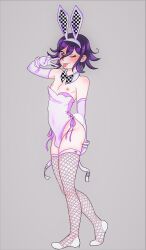 1boy blush bulge bunny_boy bunny_ears bunny_tail bunnysuit danganronpa danganronpa_v3 disruptiva elbow_gloves femboy fishnets full_body grey_background male male_only nipples ouma_kokichi pale_skin peace_sign pose purple_eyes purple_hair solo straight_hair thighhighs tongue tongue_out v