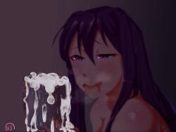 blush cum_in_container dark dark_background doki_doki_literature_club drooling excited glass_of_cum glowing_eyes nude nude_female purple_eyes purple_hair yuri_(doki_doki_literature_club)