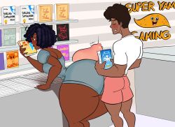 1boy 1girls accidental_buttjob akemiexpansions ass black_hair buttjob condom condom_filling condom_on_penis cum_in_pants dark-skinned_female dark_skin ejaculation erection female gigantic_ass huge_cock kaboozle thick_thighs unaware unaware_buttjob uncensored