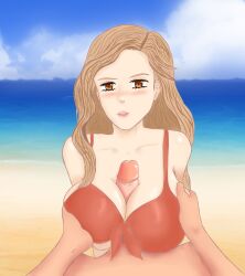 1boy 1girls beach blonde_hair blush breast_grab breasts female initial_d looking_at_viewer male paizuri penis red_bra sayuki_(initial_d) tagme xrv