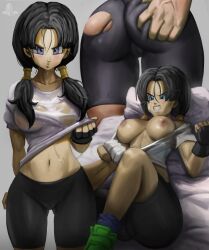 1girls ass big_butt bike_shorts black_hair blue_eyes breasts breasts_out cameltoe dragon_ball dragon_ball_z elitenappa female nipples no_bra ripped_clothing ripped_pants see-through see-through_clothing son_gohan sweat sweatdrop twintails videl