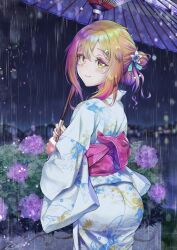 1boy ass crossdressing femboy fish flower girly hair_bun kimono male natsusora_wakana nobady orange_hair original original_character purple_flower purple_umbrella rain ribbon umbrella white_kimono yellow_eyes