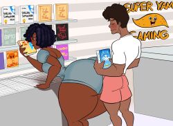 1boy 1girls accidental_buttjob akemiexpansions ass black_hair buttjob dark-skinned_female dark_skin english_text erection female huge_ass huge_breasts huge_cock kaboozle oblivious text thick_thighs unaware unaware_buttjob