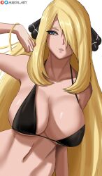 1girls ausoh big_breasts blonde_hair blue_eyes breasts cynthia_(pokemon) female female_only hair_over_one_eye hair_ribbon huge_breasts long_hair nintendo pokemon pokemon_dppt solo upper_body