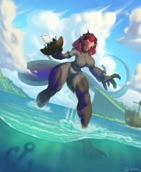 belms boat broken_chain chains color giantess helmet horns kaiju monster monster_girl no_humans original original_character red_hair sea solo tail water