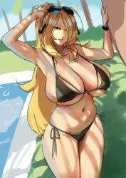 1girls 2022 2d 2d_(artwork) bikini black_bikini blonde_female blonde_hair breasts curvy cynthia_(pokemon) day daytime eu03 female female_only hips huge_breasts long_hair looking_at_viewer massive_breasts nintendo outdoors outside pokemon pokemon_dppt pool poolside pose shadow side-tie_bikini skimpy slim_waist solo solo_focus standing sunglasses sunglasses_on_head sunny thick_thighs thighs voluptuous water wide_hips wip work_in_progress