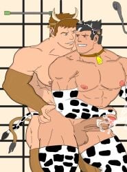 2boys bara big_balls big_chest black_hair blue_eyes brown_hair costume cow_bell cow_costume cum cum_shot cumming darius_(league_of_legends) ejaculation erect_nipples erection from_behind garen_crownguard gay gay_sex hand_on_hip happy happy_sex head_ornament horn huge_balls huge_cock imminent_sex large_pectorals league_of_legends looking_at_another love male_focus male_nipples males_only muscular muscular_male nipples passionate pectorals penis red_eyes scar_across_eye shower strong tail testicles thick_arms thick_legs uncensored zzzone