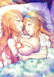 1boy blanket blue_ribbon breasts brother_and_sister crossdressing femboy girly hugging large_breasts long_hair male mole_on_breast natsusora_aona natsusora_wakana nobady orange_hair original original_character painted_nails pajamas pillow ribbon ring short_sleeves sleeping