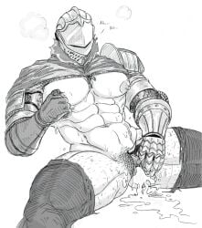 abs after_sex after_vaginal armor big_pecs body_hair cum_in_pussy cuntboy cuntboy_only dark_souls fromsoftware functionally_nude gauntlet hamfoot1 helmet intersex knight leaking_cum monochrome muscular muscular_cuntboy nipple_pinch oscar_of_astora pecs pubic_hair pussy solo spread_legs thighhighs torn_clothes uncensored