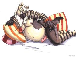 1boy 2003 anthro ayame_emaya bracelet canid canine chubby chubby_belly chubby_male claws furry genitals hyena laying_on_side male mammal overweight overweight_male penis pierced_nipples piercings pillows rings striped_hyena