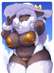 1girls 2023 big_breasts bikini blush blush_lines breasts brown_body brown_fur caprine chubby chubby_female closed_eyes clouds dated ewe female female_only furry furry_only golden_bikini hat huge_breasts kishibe navel open_mouth sheep signature white_wool