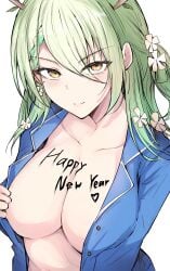 breasts ceres_fauna cleavage flowers_in_hair green_hair hololive hololive_english hololive_english_-council- hololive_english_-promise- new_year sakiya virtual_youtuber