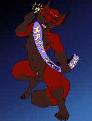 animal_genitalia anthro blaze_wolf canid canine canis genitals holidays male mammal new_year nude sash sheath shockley23 smile solo sparkler wolf